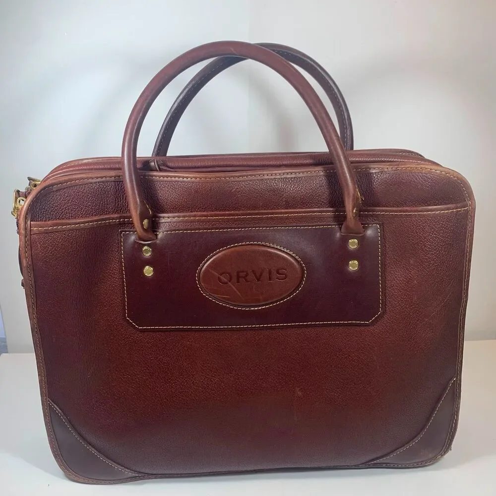 Vintage Orvis Brown Pebbled Leather Briefcase Messenger Laptop Bag Plaid Lining